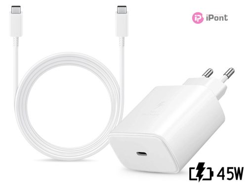 Samsung gyári hálózati töltő adapter Type-C bemenettel + 1,8 m-es Type-C -      Type-C kábel - 45W - EP-TA845EWE + EP-DX510JWE - fehér (ECO csomagolás)