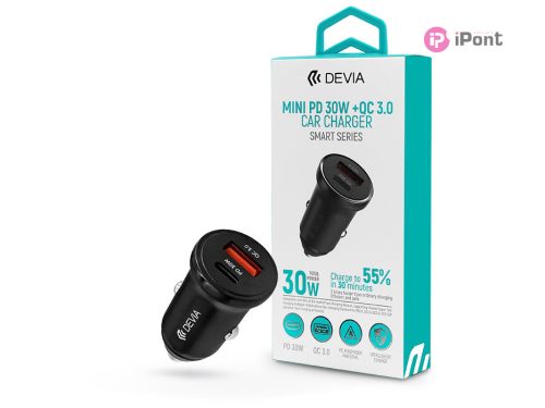 Devia szivargyújtó töltő adapter USB + Type-C bemenettel - 30W - Devia Smart    Series Mini PD 30W + QC 3.0 Car Charge - fekete